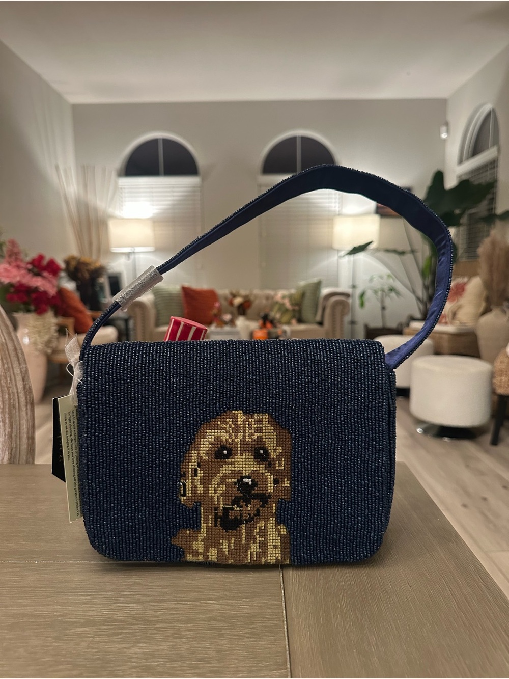 T.J.Maxx Navy Beaded Mini Bag with Dog Motif